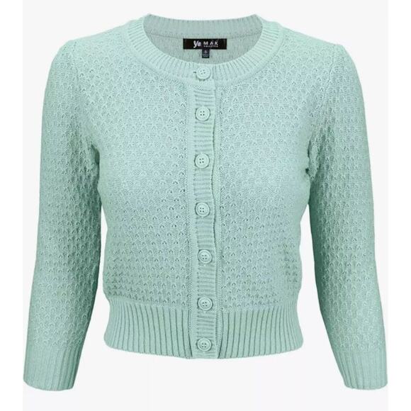 Ye Mak Mint Green Classic Casual Button Front Crew Neck Knit Crop Sweater Small - Picture 9 of 9